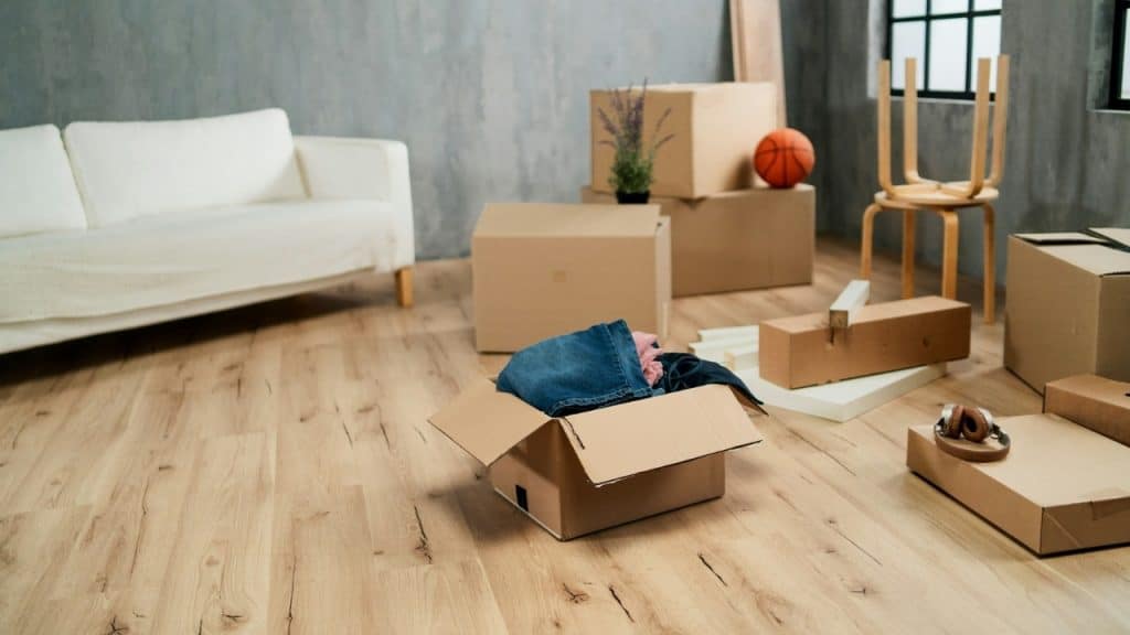 Cardboard boxes and a white sofa sit on a wooden floor in an apartment room.