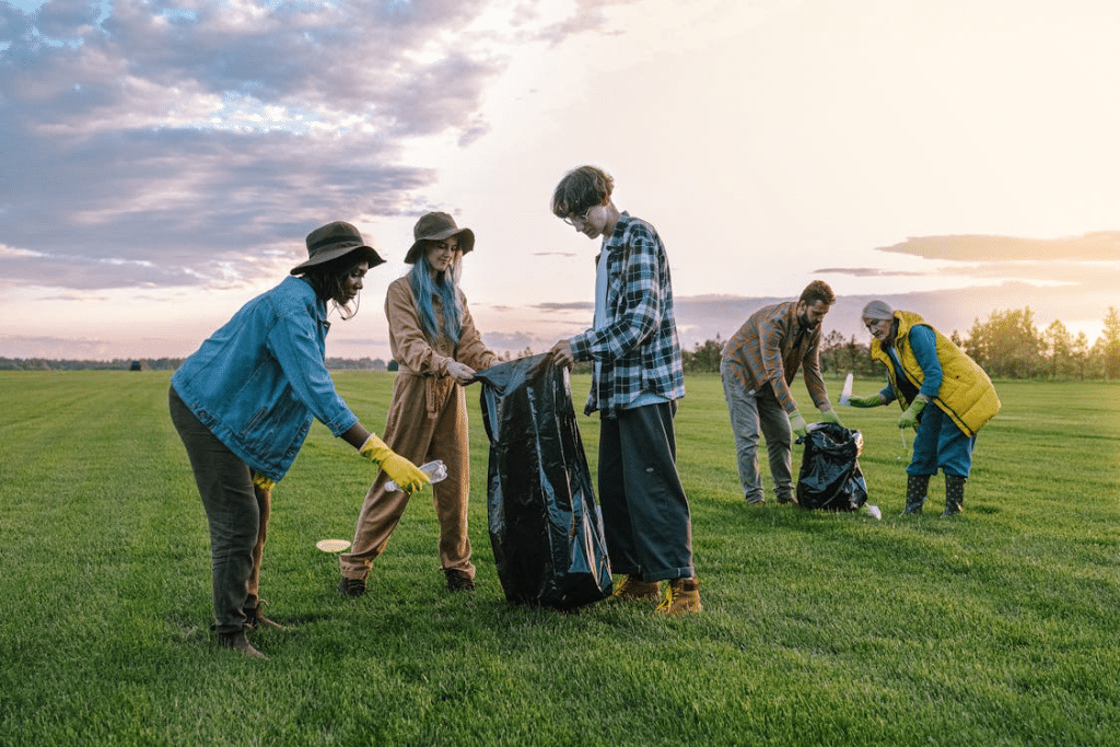 Volunteers collecting trash