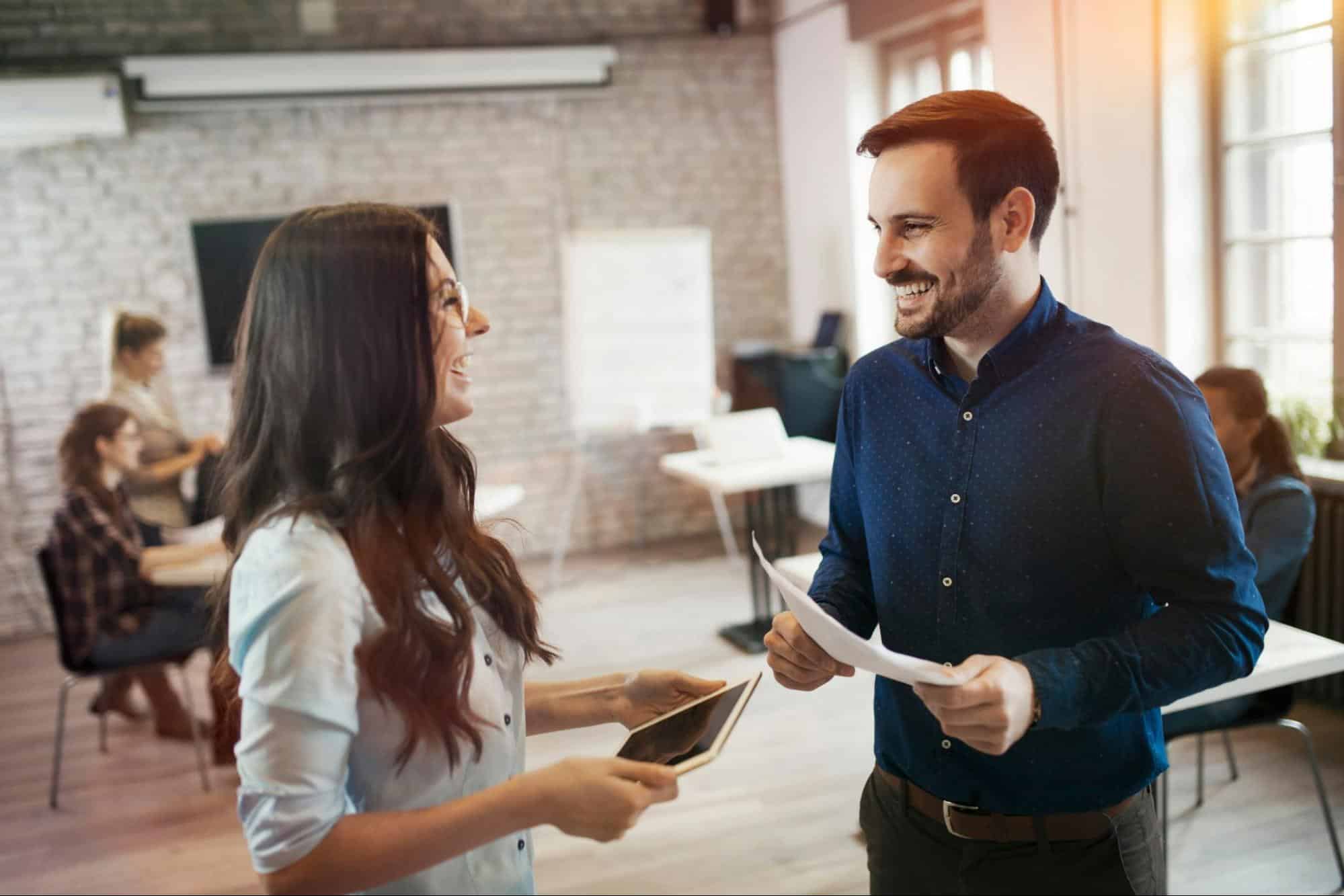 A man and woman talking