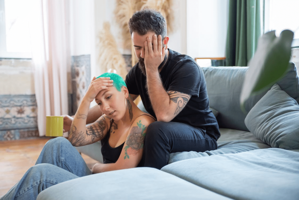A couple looking stressed