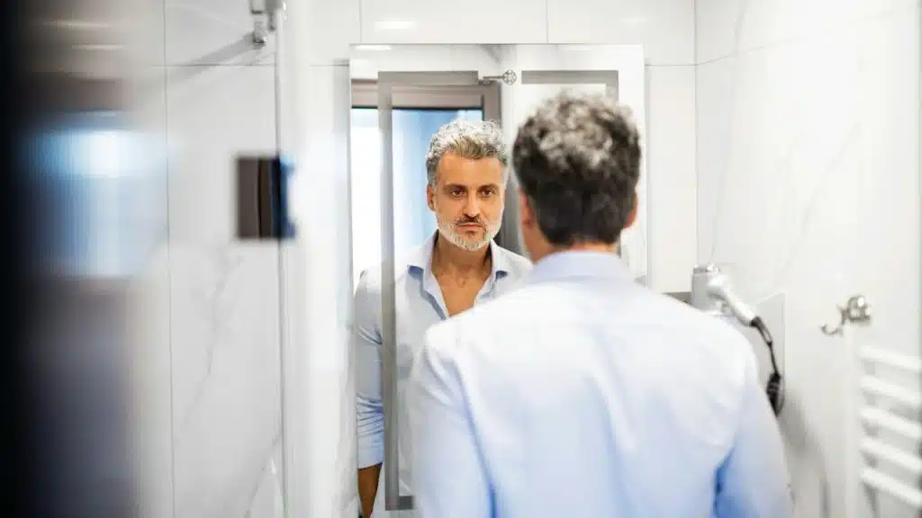 A man with gray hair and a blue shirt looks at his reflection in a mirror.