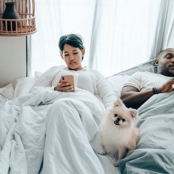 Couple in bed using phones