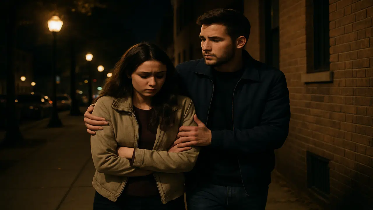 A man being protective of his girlfriend