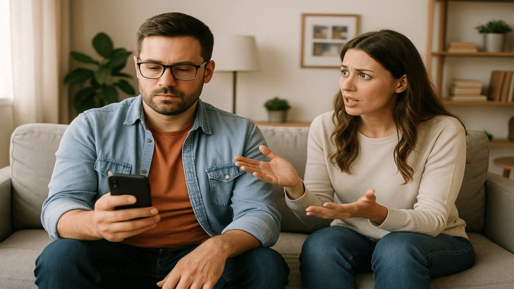 A man on his phone while his wife talks to him