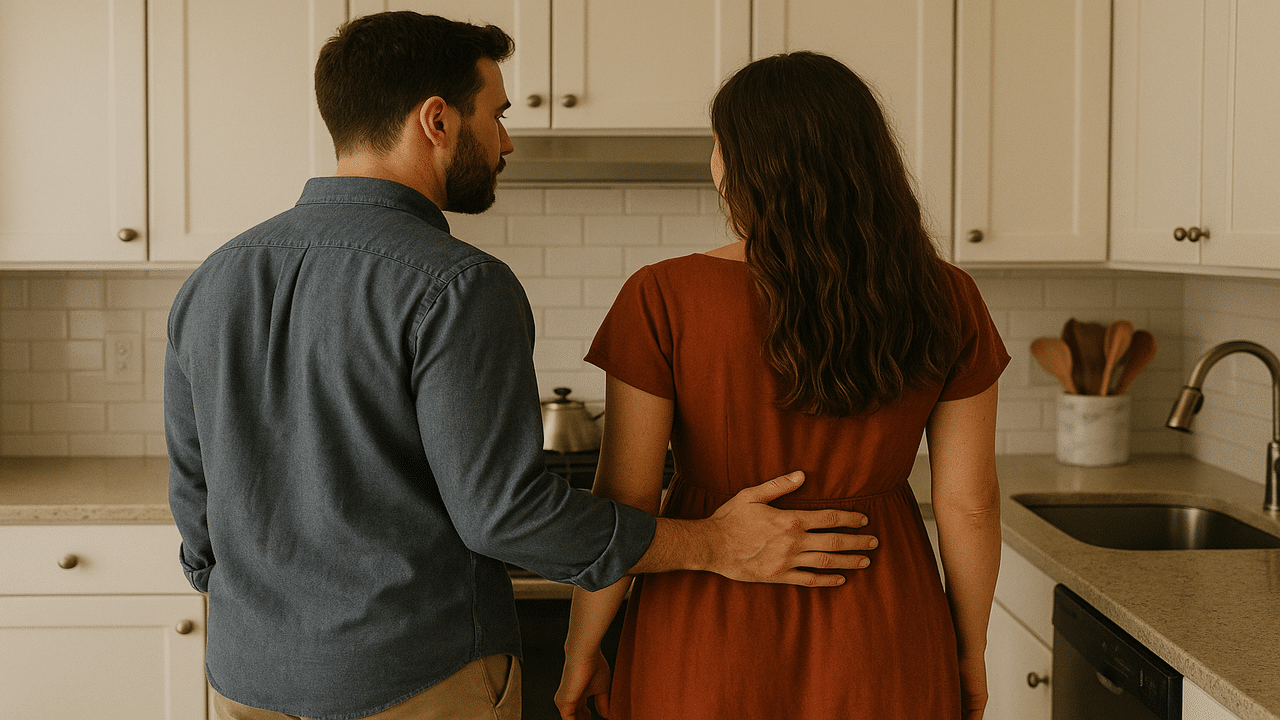 A husband touching the small of his wife’s back