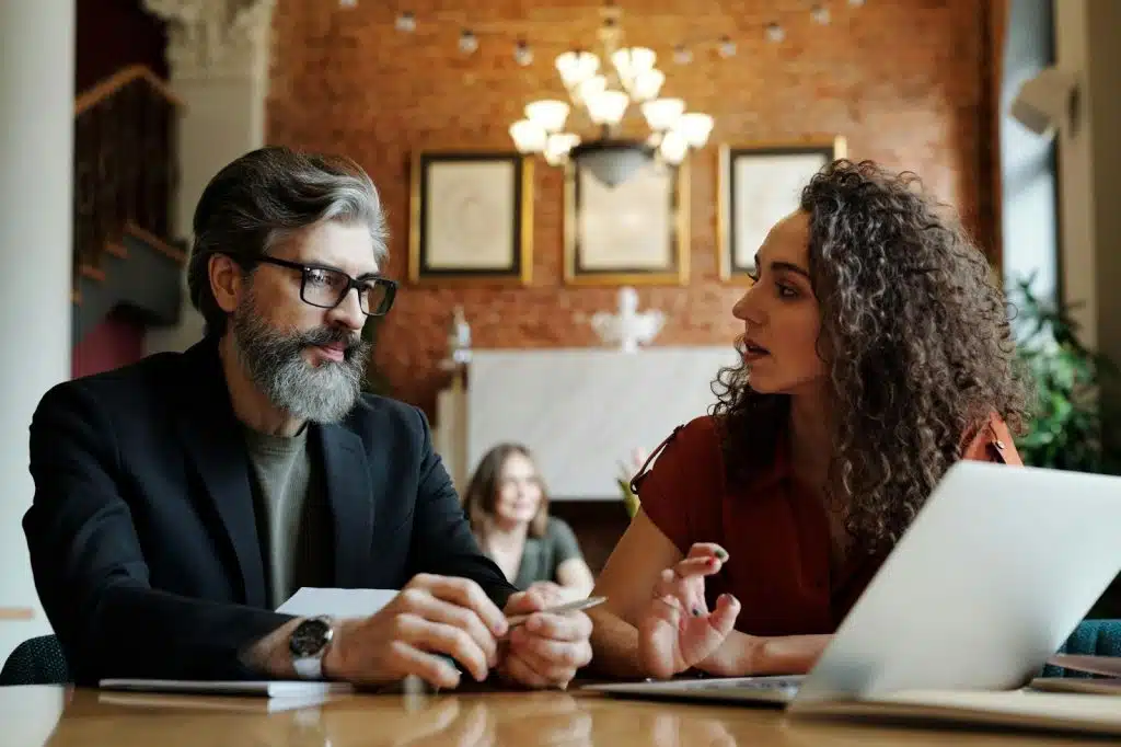 A man and woman talking