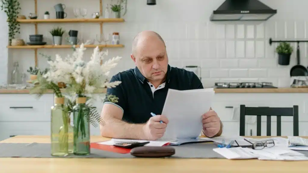 A man sits at a kitchen table holding papers and a pen, looking at the documents.