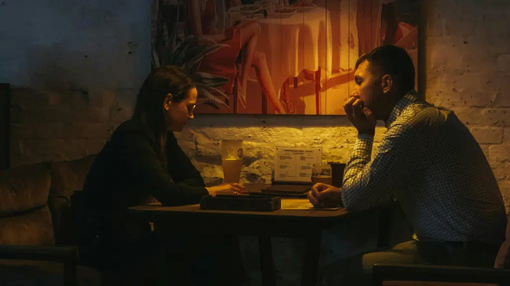 A man and woman sit silently at a dimly lit table in a restaurant booth.