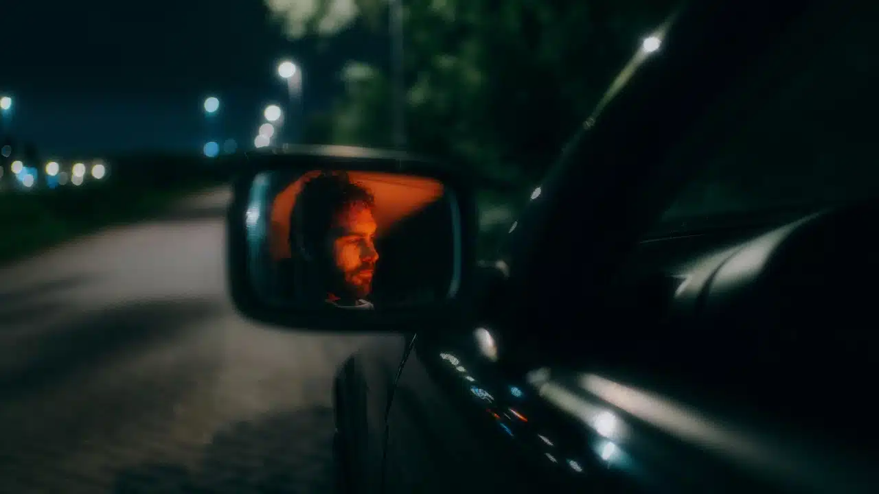 Reflection in a car side mirror of a man’s face illuminated by orange light at night.