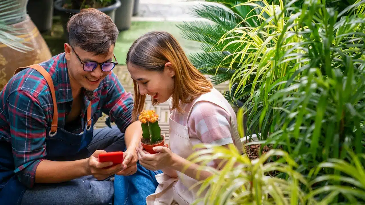 A gardener couple live streaming on a smartphone presents potted plants for online shopping on social media together.