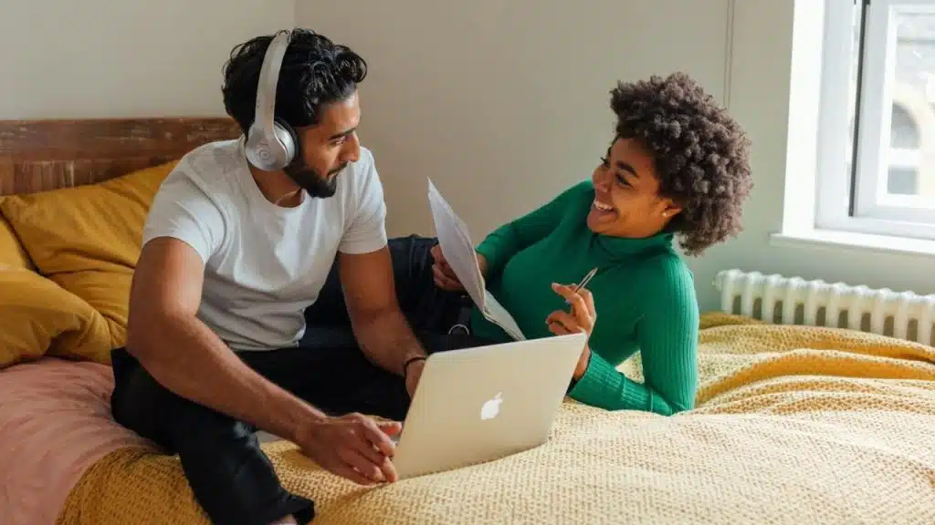 Two people sit on a bed with a laptop, paper, and headphones while smiling together.