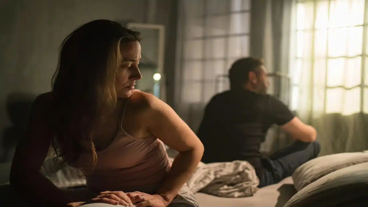 A couple not looking at each other in bed