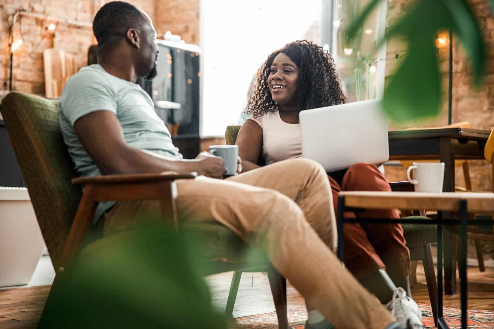 A man and woman talking
