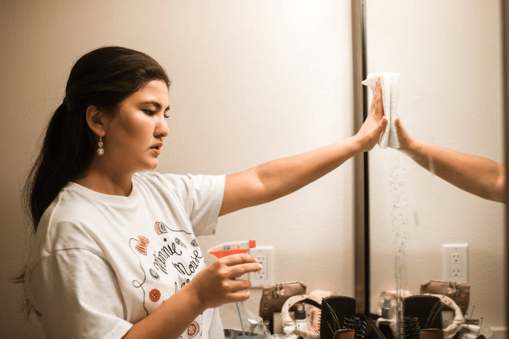 A Woman Cleaning a Mirror