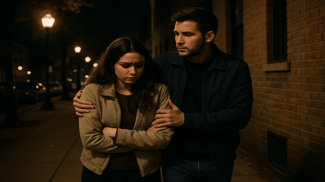 A man being protective of his girlfriend