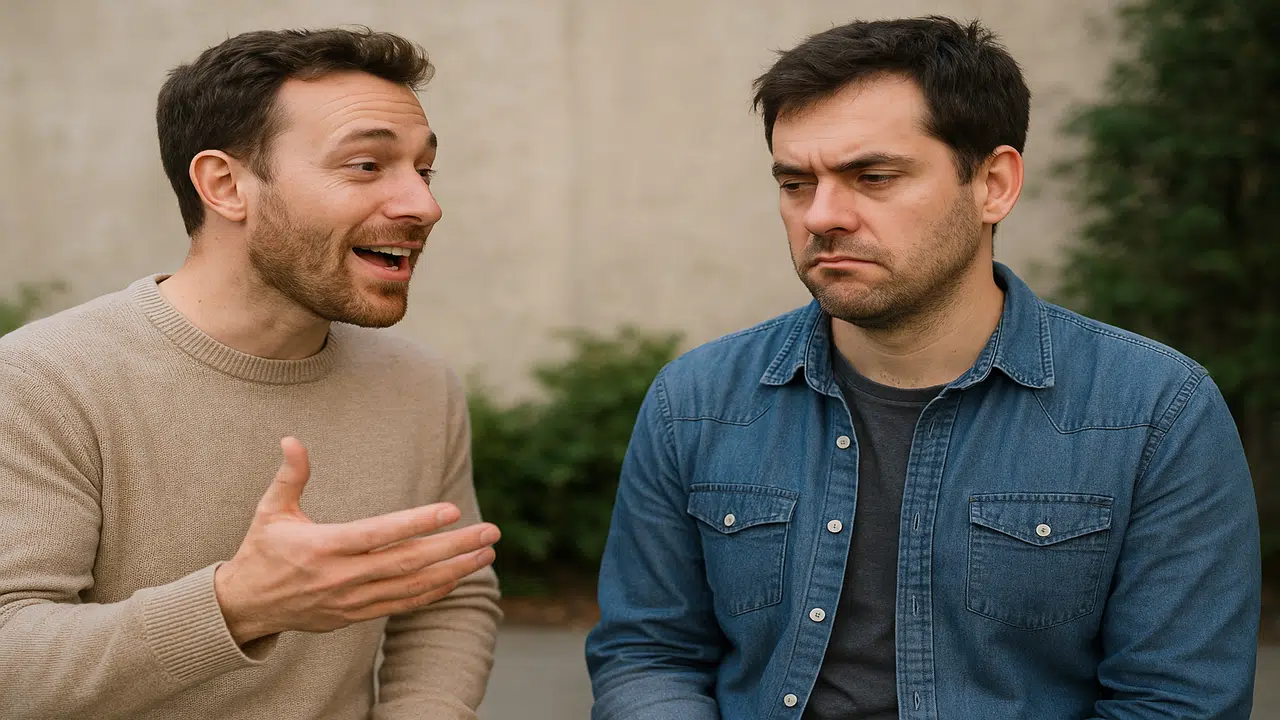 Two friends having a one-sided conversation
