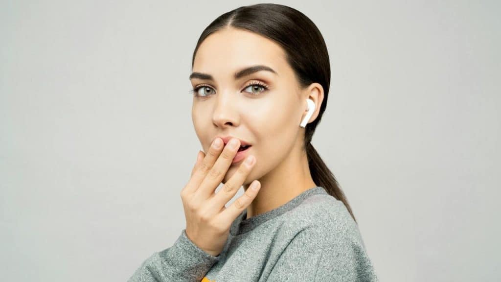 A woman pretending to be surprised