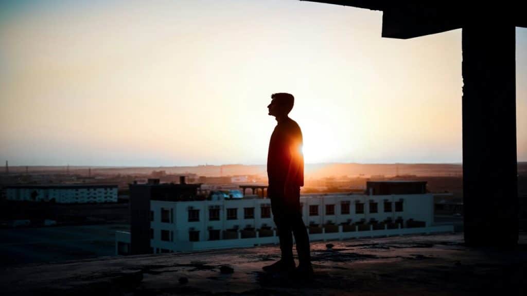 A man on top of a roof at sunset