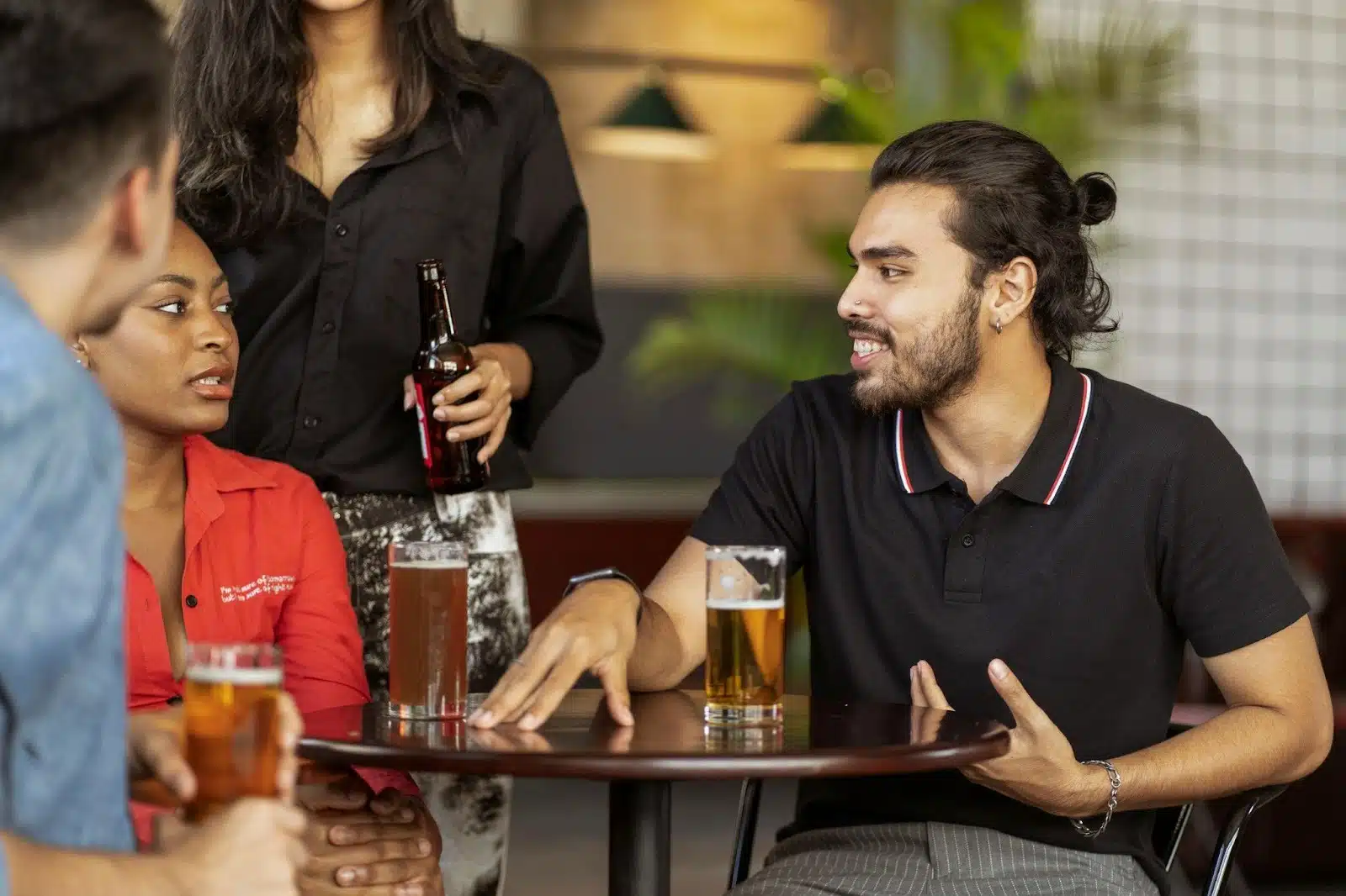 A man being casual towards woman in public