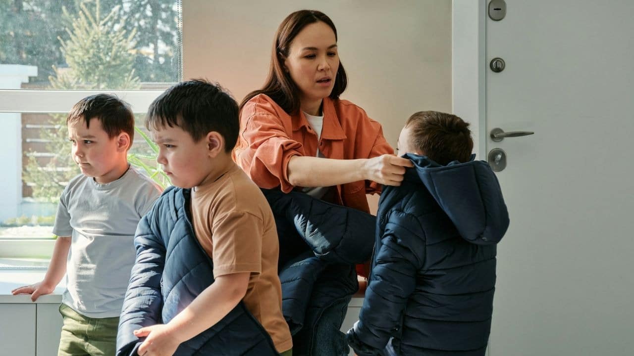 A woman helps three young children put on their navy blue coats near an open door.