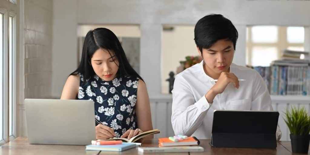 man woman separate focus