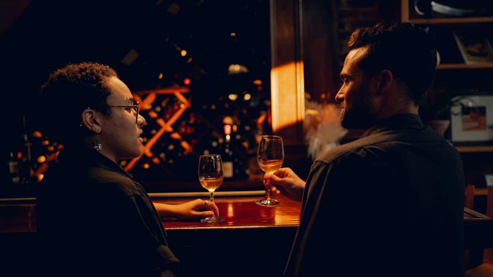 A man and woman looking at each other