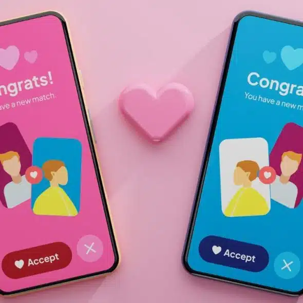Two smartphones side by side showing dating app notifications with heart icons on a pink background.