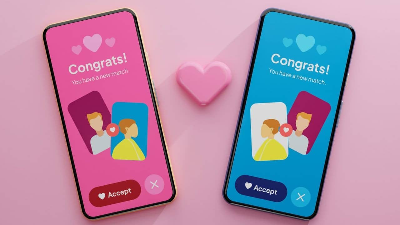 Two smartphones side by side showing dating app notifications with heart icons on a pink background.