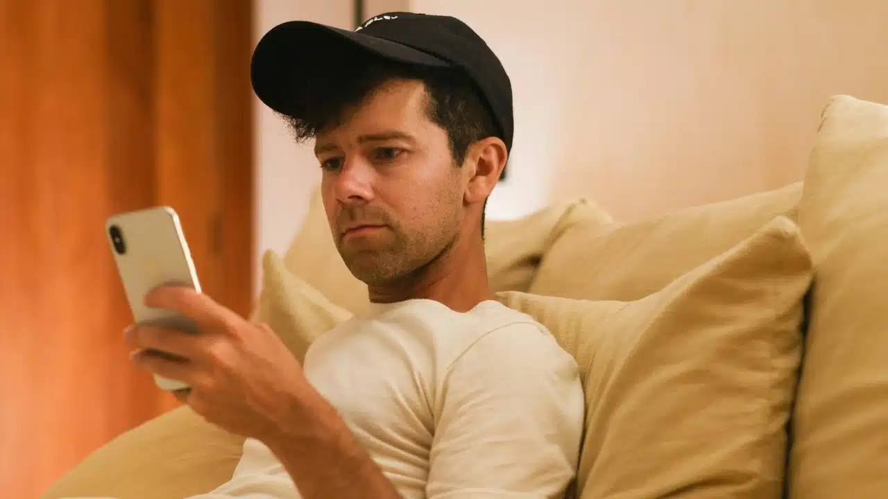 A person wearing a black baseball cap looks at a smartphone while reclining on cushions.