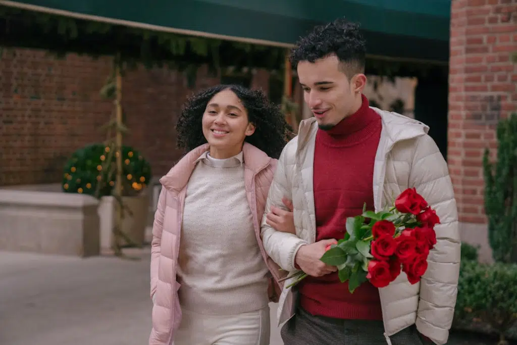 Romantic couple walking on street