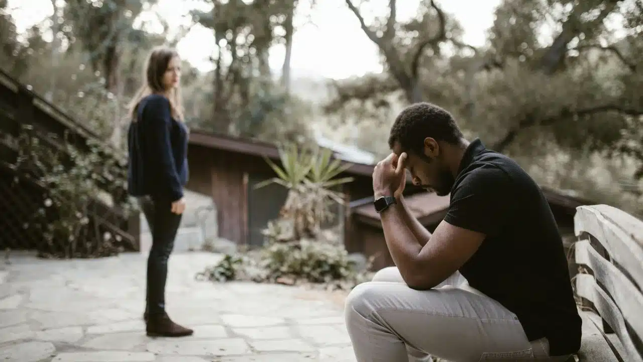 A man sits on a bench with heads in hands while a woman stands behind.