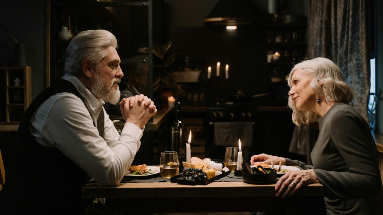 A senior man and woman look at each other during a candlelit dinner indoors.