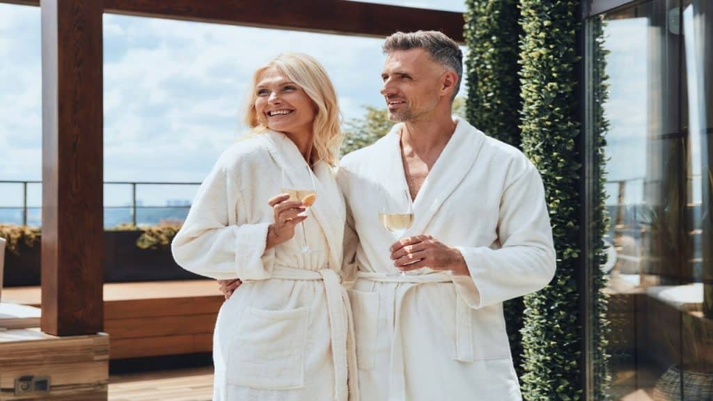 A couple having champagne together