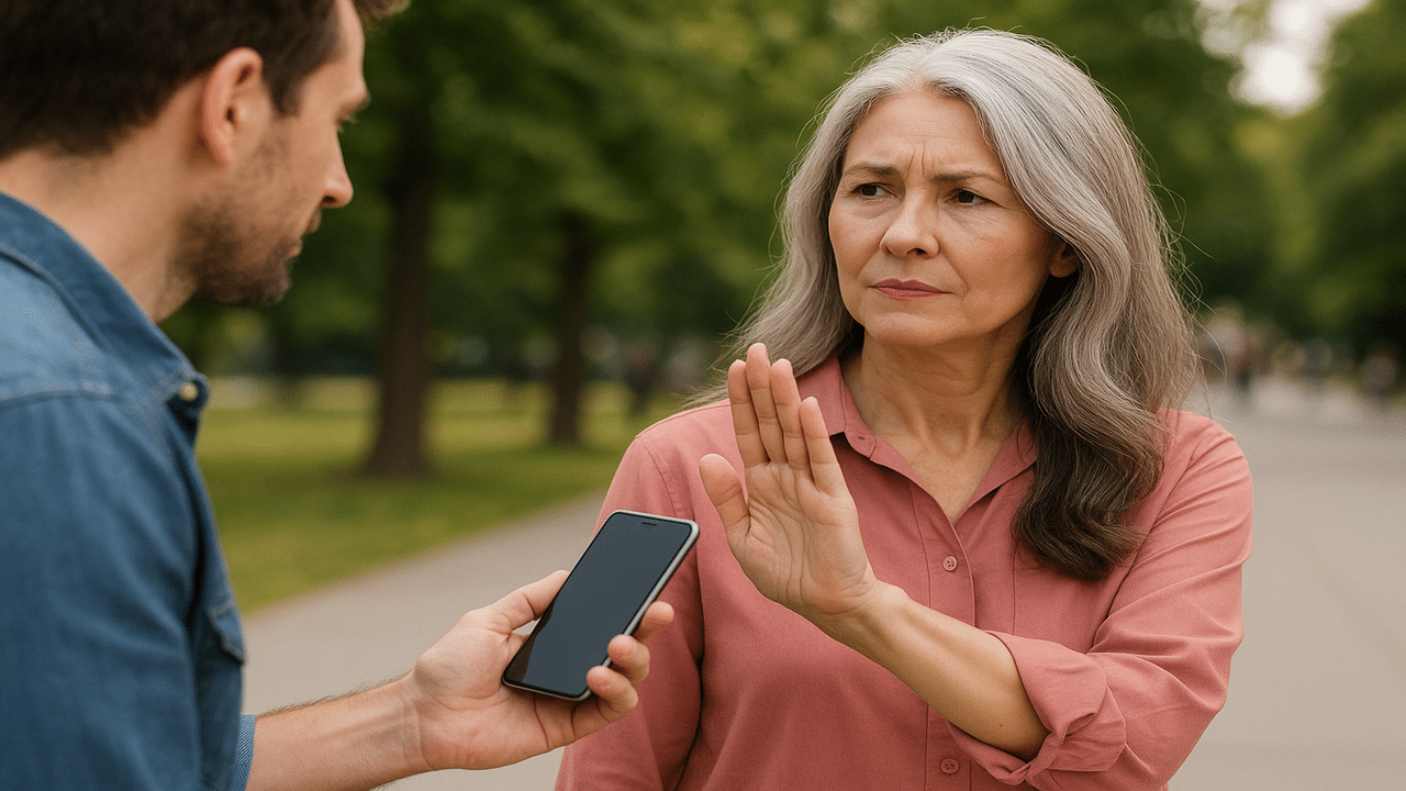 A mature woman turning down a man