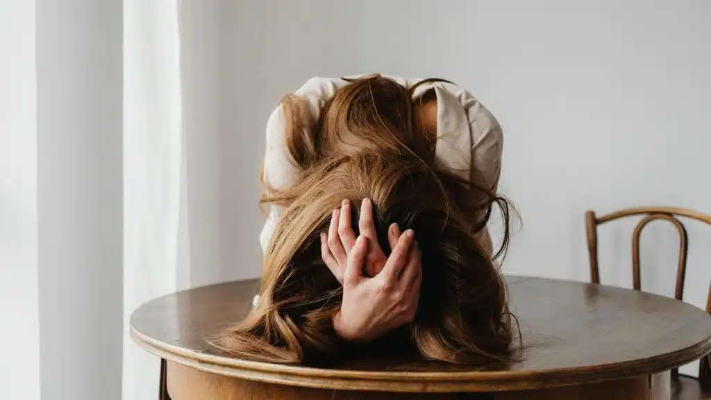 A woman sitting at a table with her head down and hands in her hair.