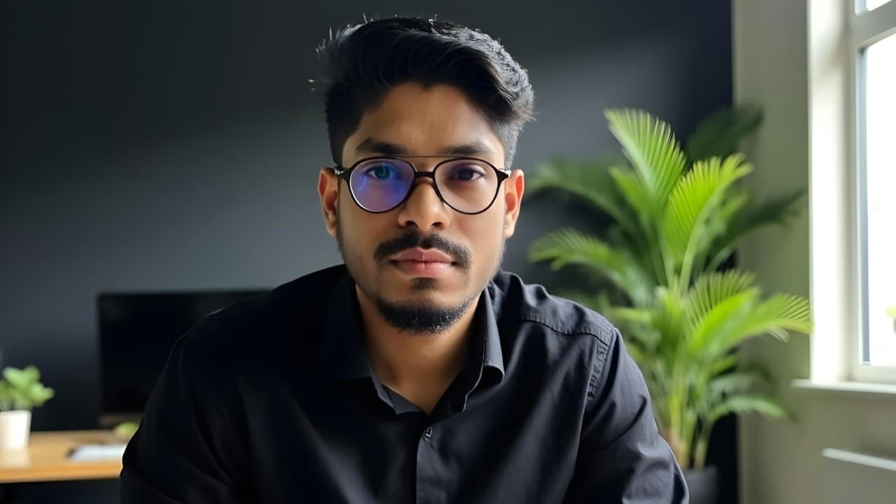 A man in glasses wearing a black formal shirt is looking at the camera.