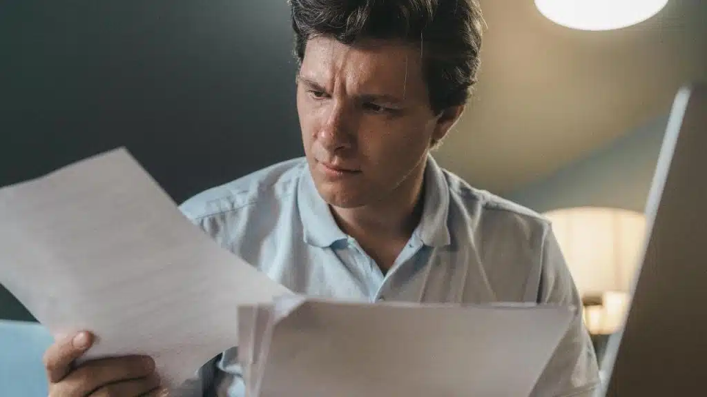 A man in a blue polo shirt looks intently at several white papers in hand.