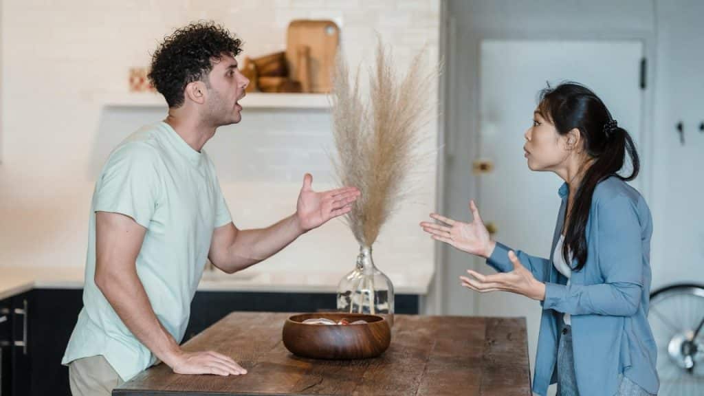 A man and woman stand in a kitchen facing each other with their arms outstretched.