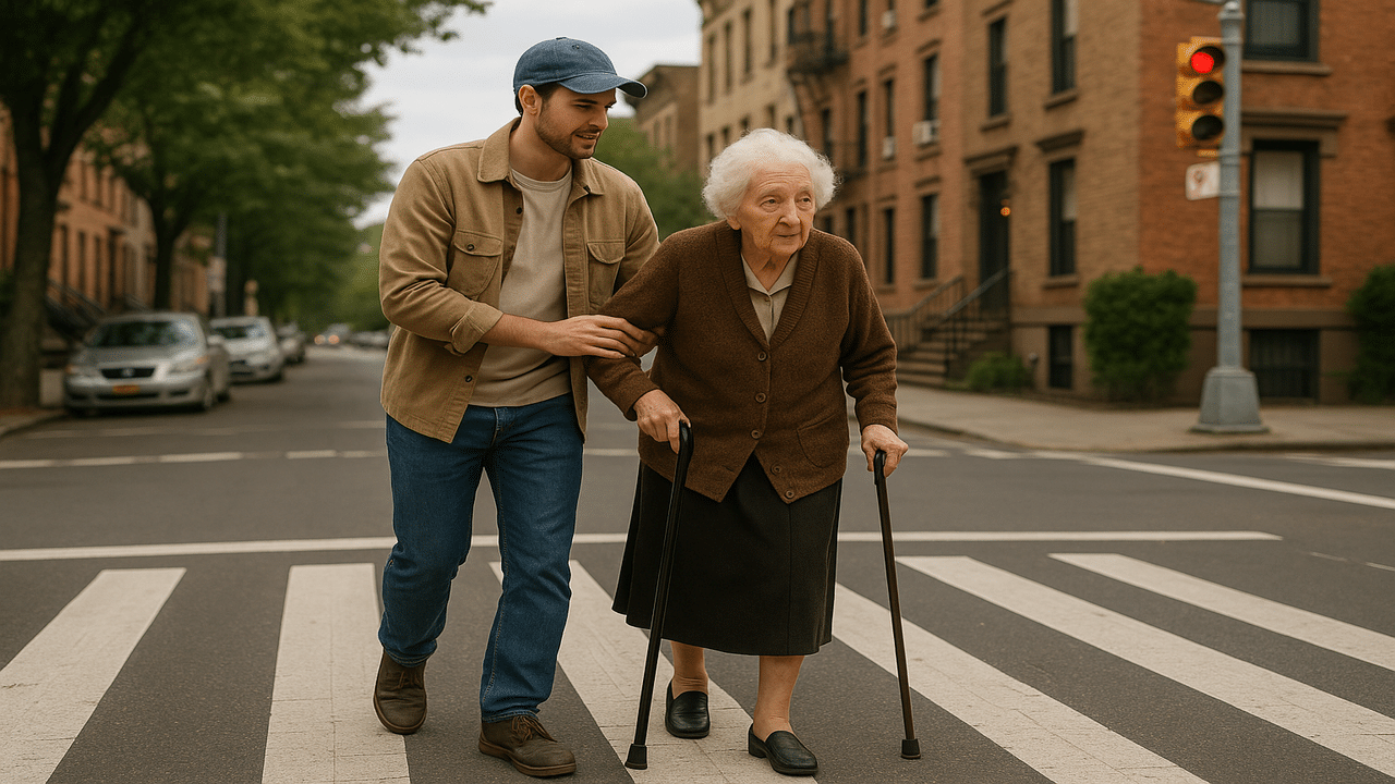 A man helping an elderly woman cross the street