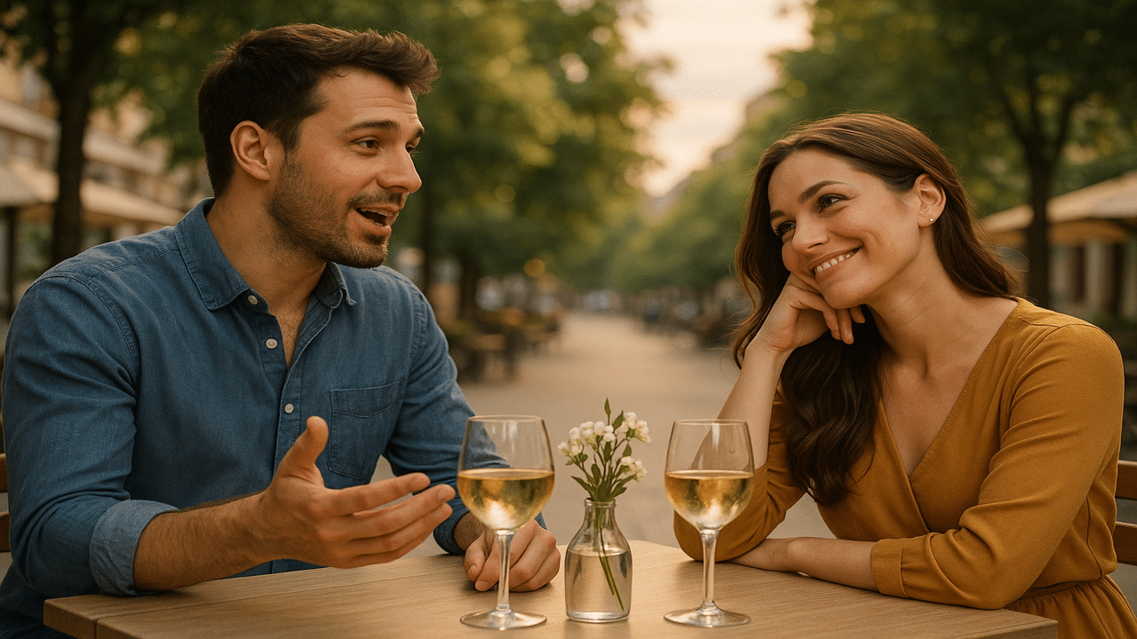 A woman tilting her head while listening to her date