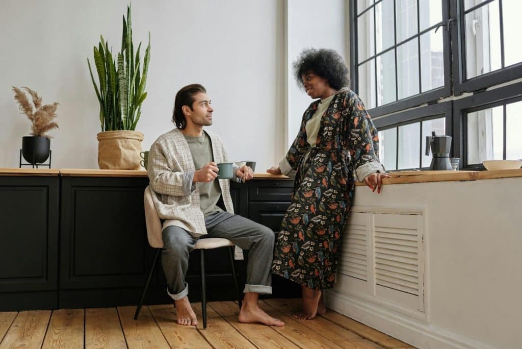 A man and woman talking