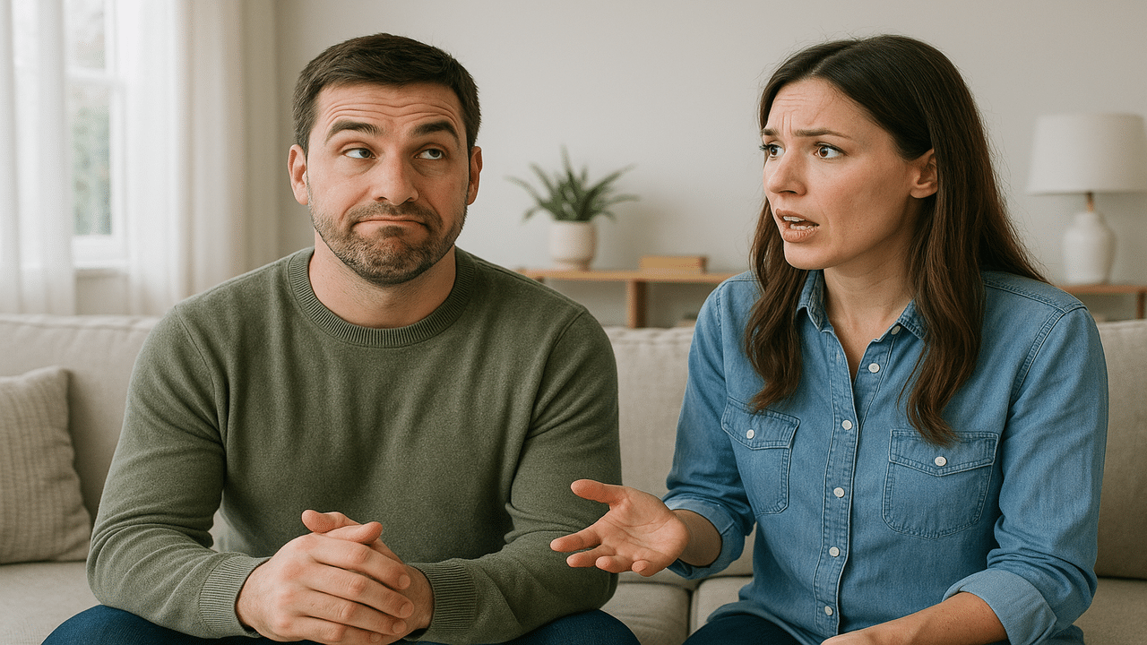 A man making a sarcastic face while his wife tries to talk to him