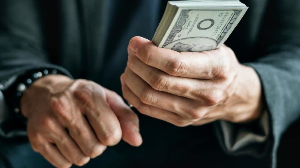 A person holding a stack of dollar bills in their hands.
