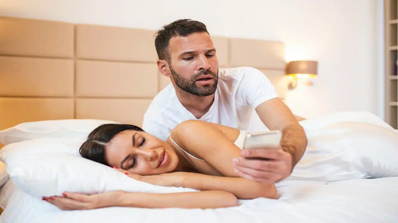A man checking his girlfriend’s phone while she sleeps