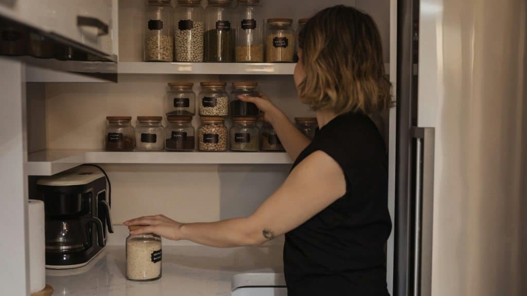 A woman in a black shirt reaches for glass jars stored on white kitchen pantry shelves.