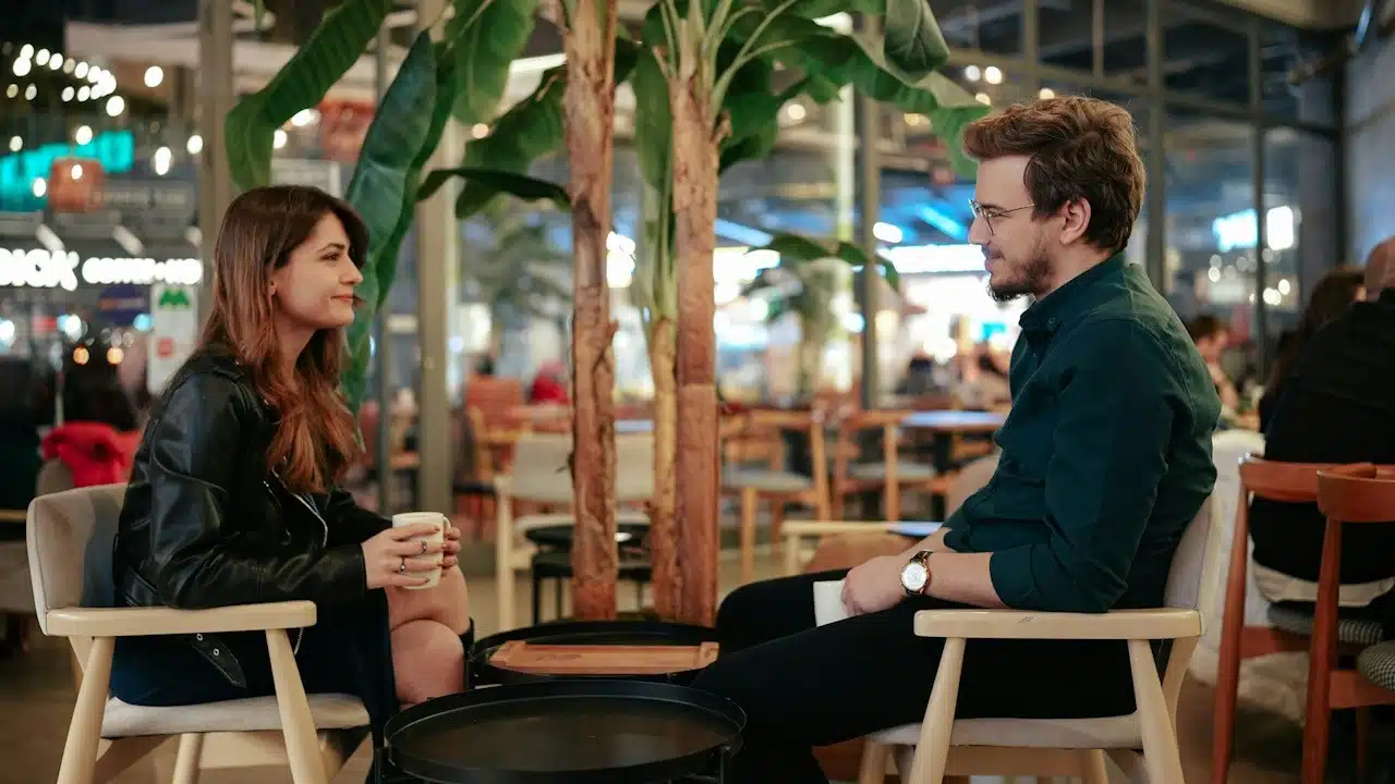 A couple sitting at a table and having coffee while looking at each other.