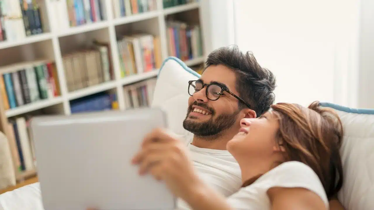 A happy couple lying in bed watching something on a tablet.