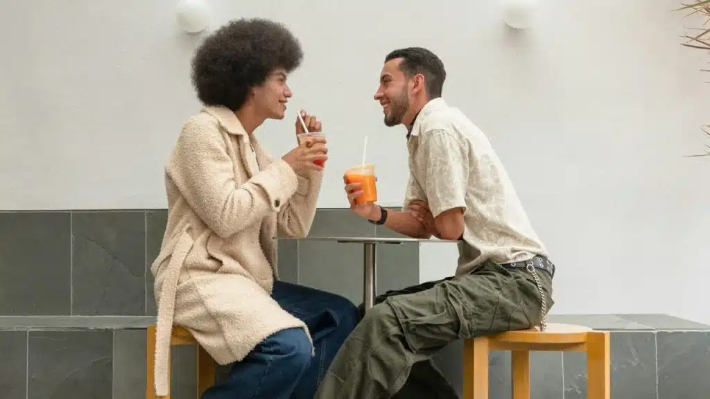 Two people sitting at an outdoor table smiling and holding orange drinks with straws.
