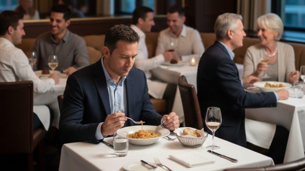 A man in a suit dining alone at a table in a crowded restaurant.