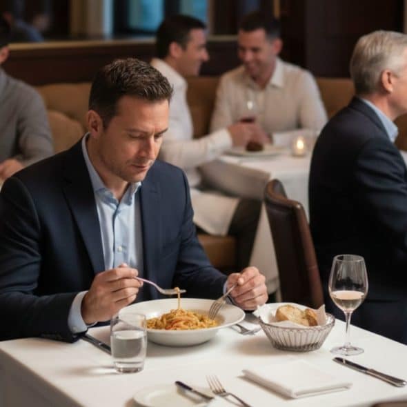 A man in a suit dining alone at a table in a crowded restaurant.